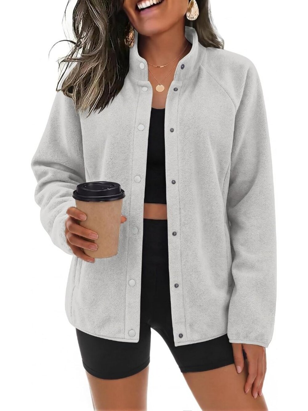 Women's Light Grey Fleece Jackets Fall Clothe Button Winter Coat with Pockets